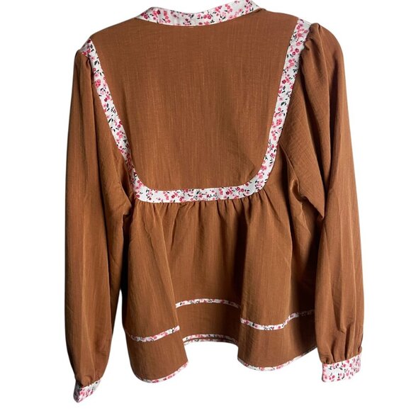 Boho Orange Split Neck Pleated Floral Trim Long Puff Sleeve Blouse Top Prairie - Picture 5 of 6